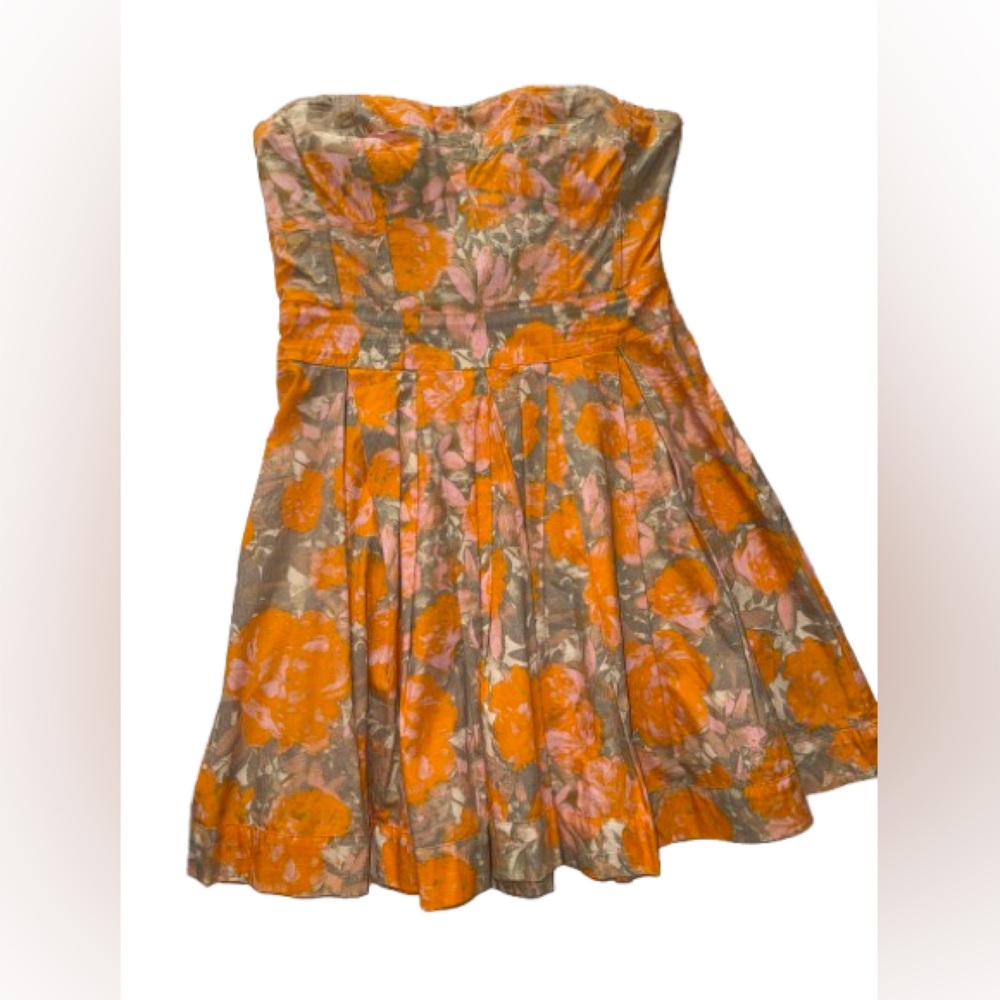 Jessica Simpson Strapless Orange Floral Multi Pleat Dress